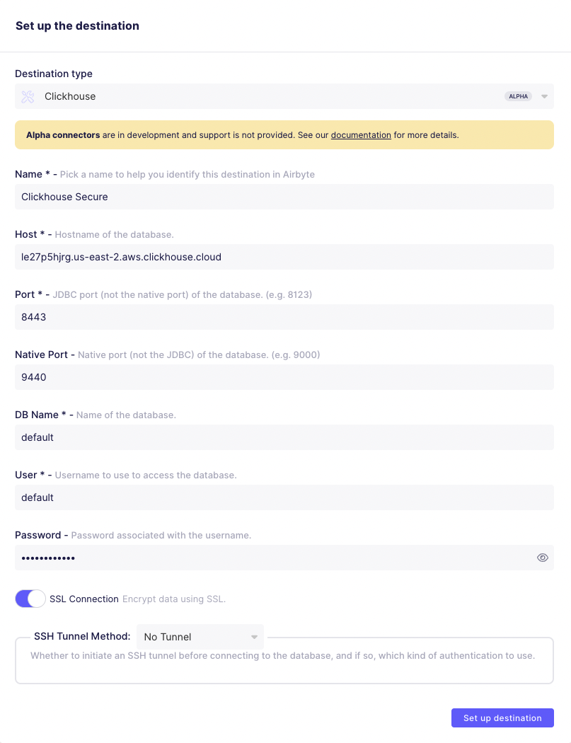 Создание приёмника ClickHouse в Airbyte
