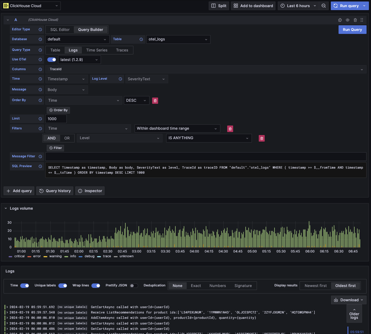 Пример запроса логов OTel