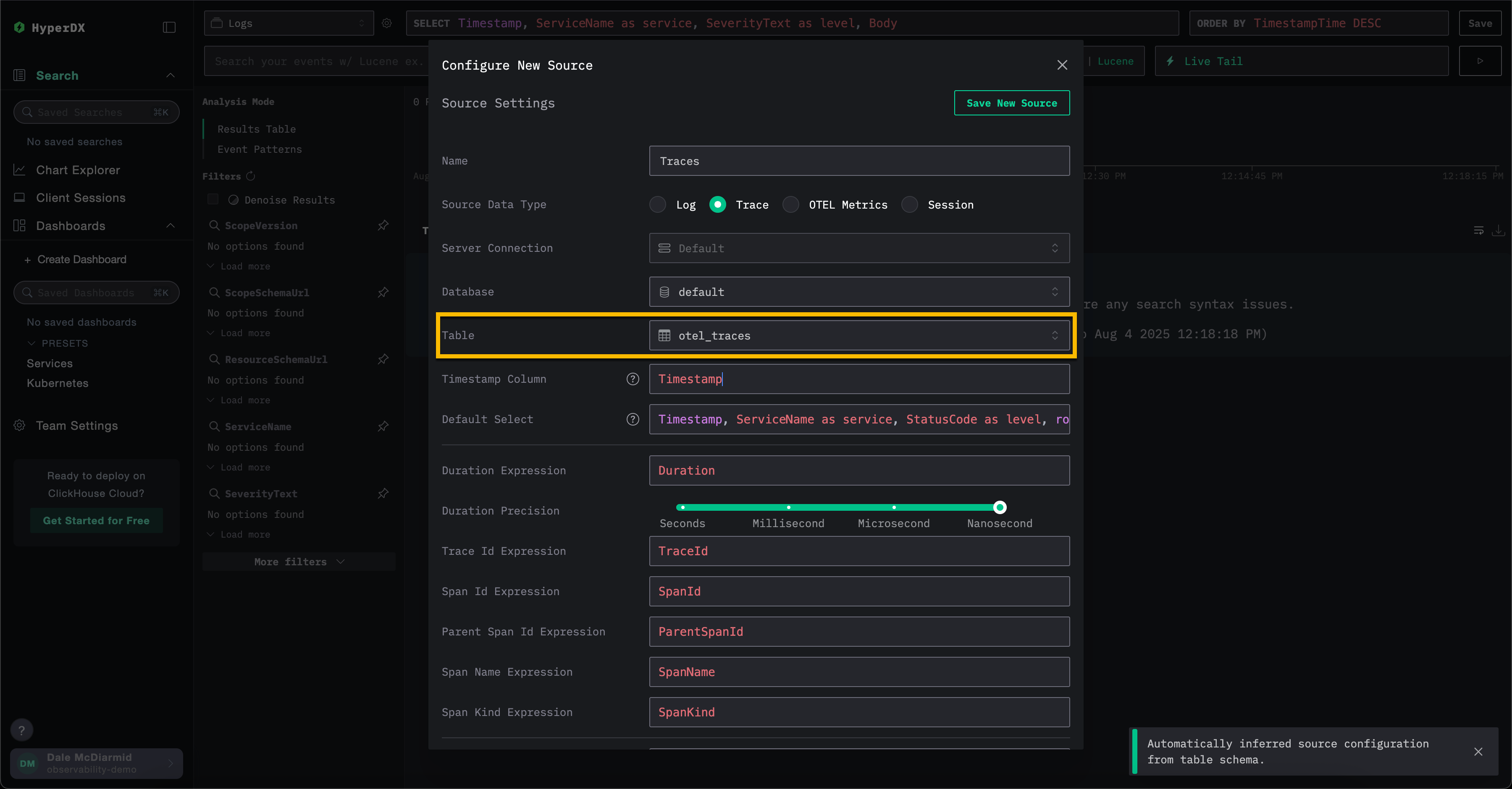 ClickStack: создание источника трейсов